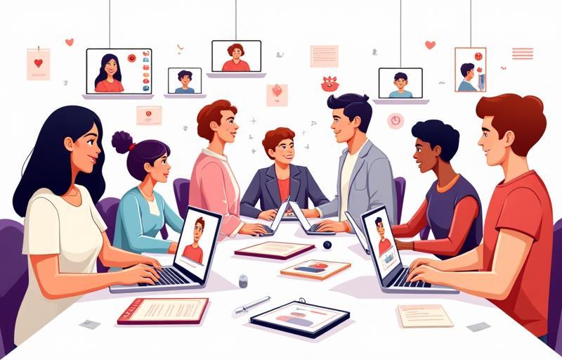 Diverse group of people participating in an online webinar on their laptops.